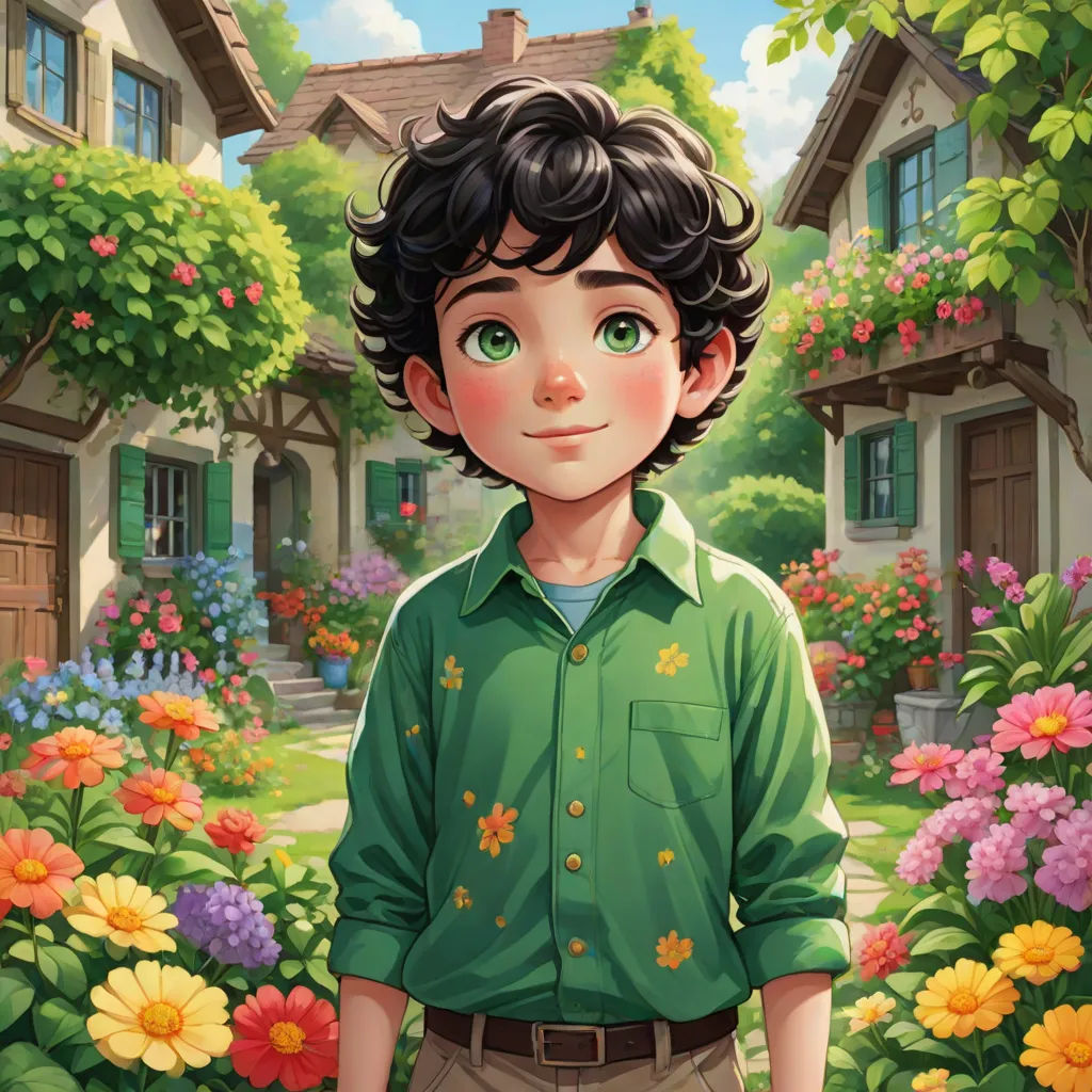 a boy standing in front of a flower garden with a house in the background and a garden with flowers, sots art, a character portrait, Cedric Seaut (Keos Masons), kinkade