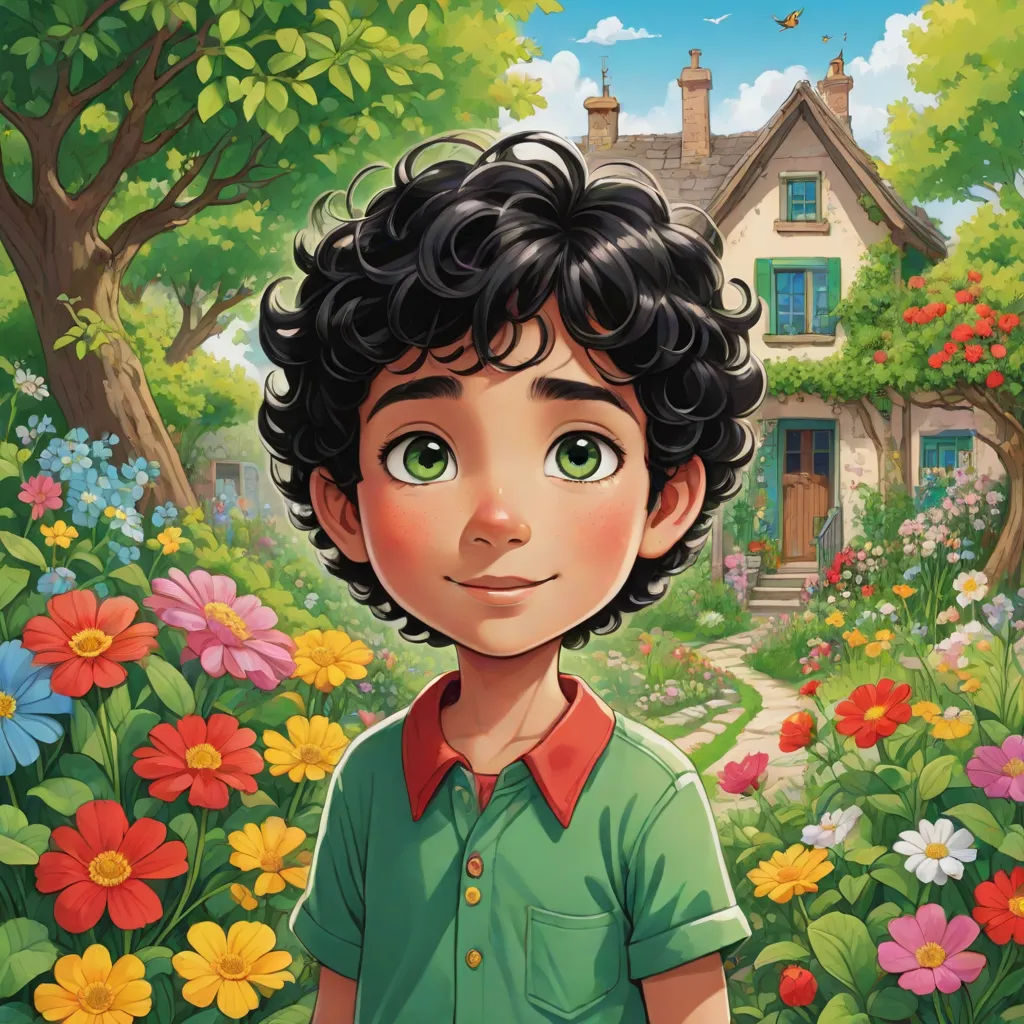 a boy standing in front of a house surrounded by flowers and trees with a green shirt on and a red shirt on, magical realism, a storybook illustration, Alejandro Burdisio, key art