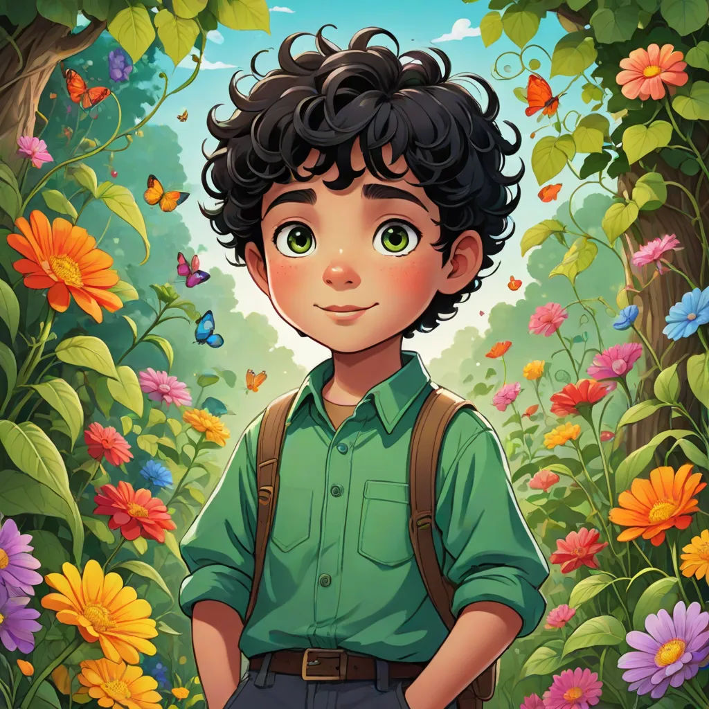 a boy with a backpack standing in a field of flowers and butterflies with a butterfly in the background and a butterfly in the air, magic realism, a character portrait, Everett Warner, key art