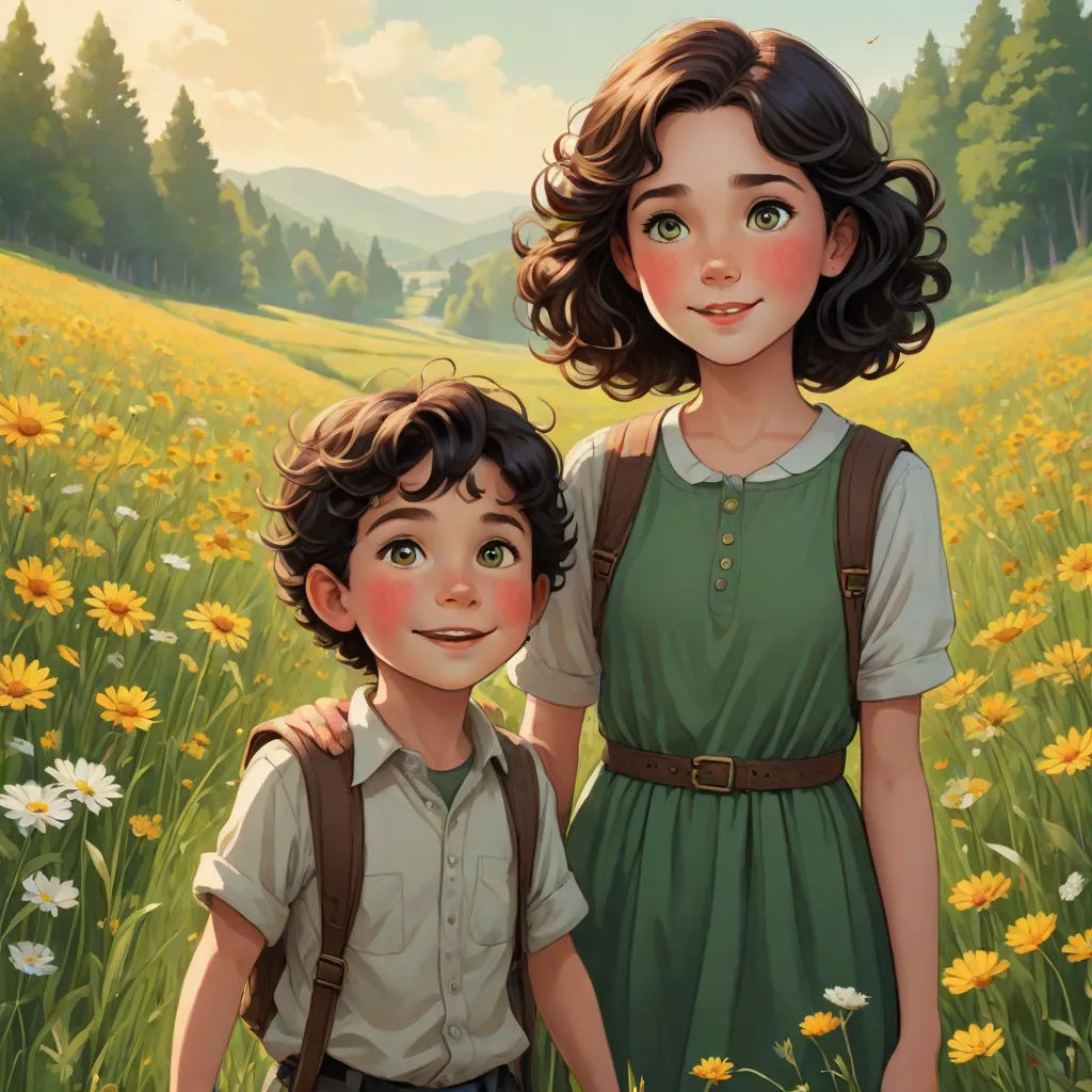 a painting of a boy and a girl standing in a field of flowers with a mountain in the background, serial art, a storybook illustration, Aaron Jasinski, cushart krenz