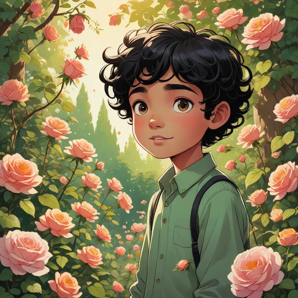 a boy standing in a garden of roses with a backpack on his shoulder and a green shirt on his shoulders, fantasy art, a character portrait, Aaron Jasinski, rossdraws global illumination