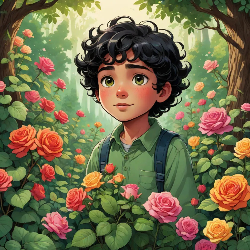 a boy with black hair and green shirt standing in a field of roses with trees and bushes behind him, fantasy art, a storybook illustration, Aaron Jasinski, comic cover art