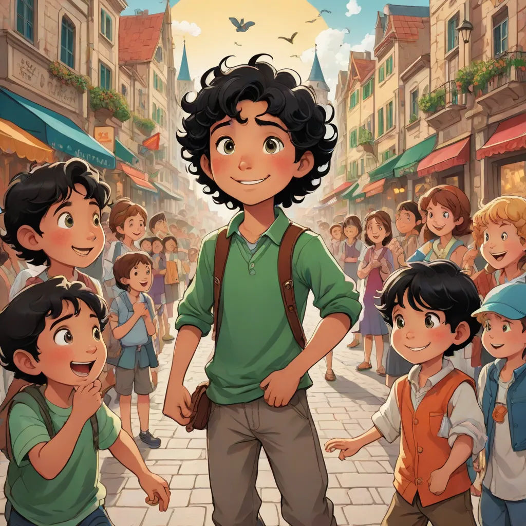 a cartoon of a boy standing in front of a crowd of children in a city street with a bird flying overhead, magical realism, a storybook illustration, Altoon Sultan, official art