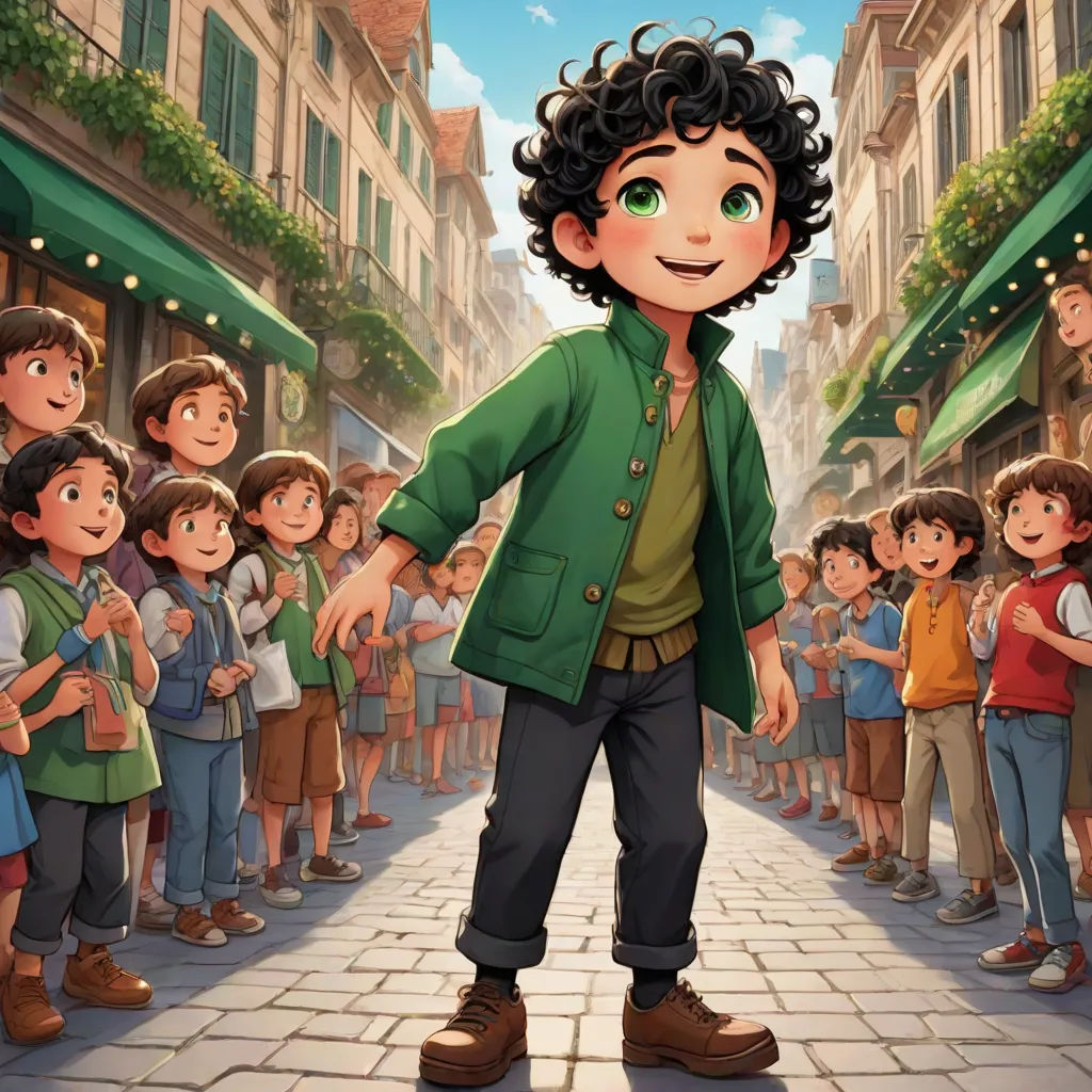 a cartoon of a boy standing in front of a crowd of people in a city street with a green jacket, serial art, a storybook illustration, Diego Gisbert Llorens, official art