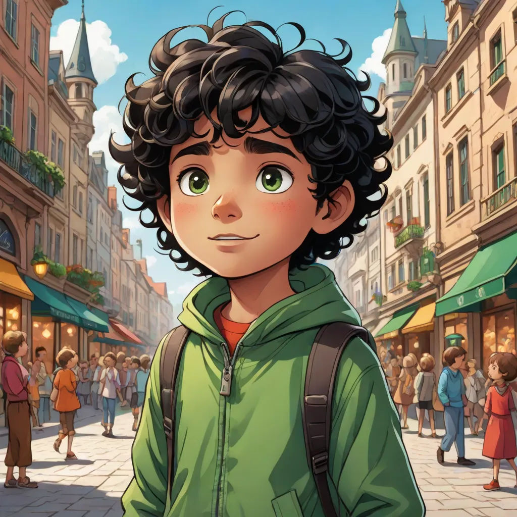 a boy with curly hair and a green jacket is standing in a crowded street in front of a building, photorealism, a comic book panel, Everett Warner, official art