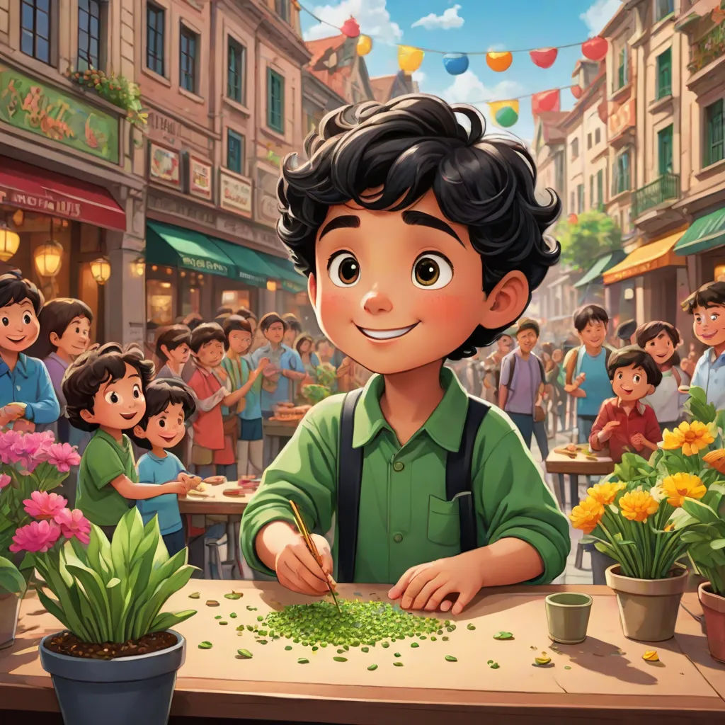 a boy is making a plant in front of a crowd of people in a city street with a green shirt, american scene painting, a storybook illustration, Du Jin, official art