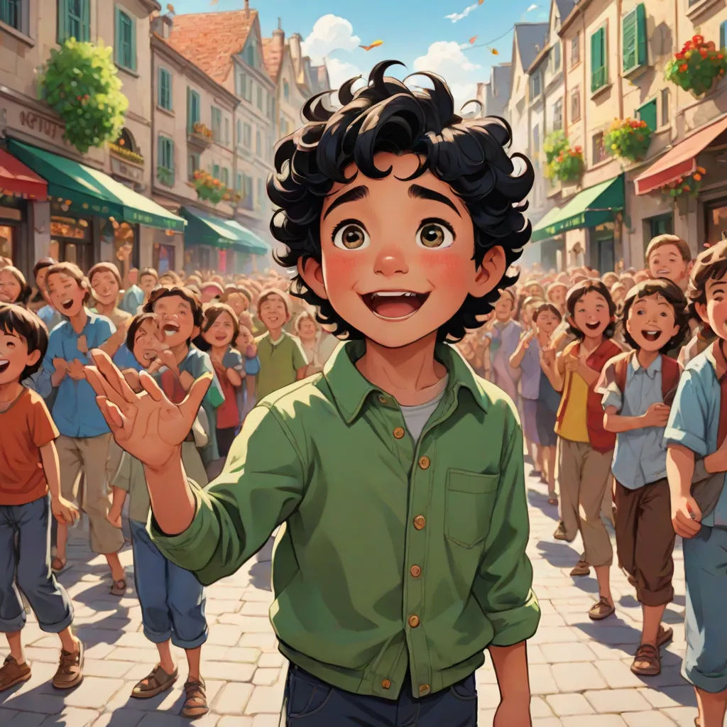 a boy is standing in front of a crowd of people in a town square with his hands up in the air, magical realism, a storybook illustration, Asaf Hanuka, official art