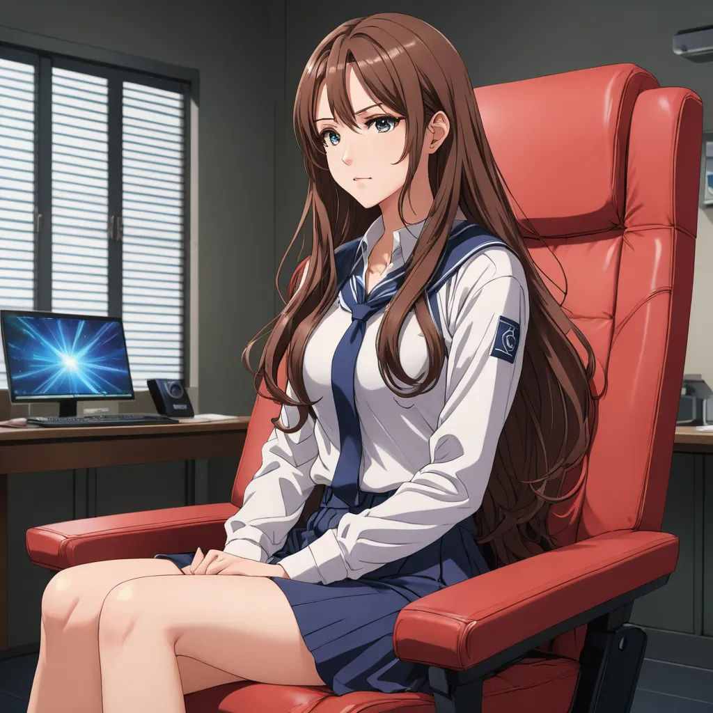 a woman sitting in a red chair in front of a computer desk with a laptop on it's desk, remodernism, a character portrait, Chizuko Yoshida, official art