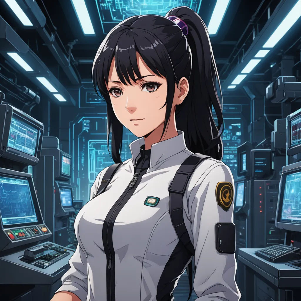 a woman in a white uniform standing in front of a computer screen with a lot of monitors on it, sots art, a character portrait, Ai-Mitsu, official art