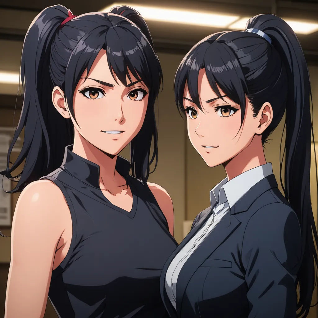 two anime girls standing next to each other in a room with a light on the ceiling and a window, rayonism, concept art, Ai-Mitsu, official art