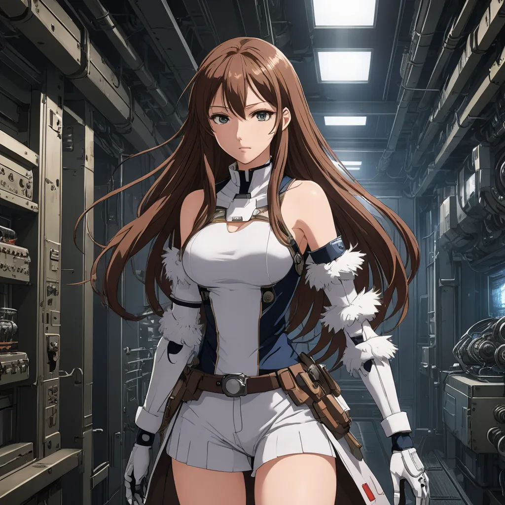 a woman in a sci - fi fi outfit is standing in a hallway with a gun in her hand, sots art, a character portrait, Chizuko Yoshida, official art