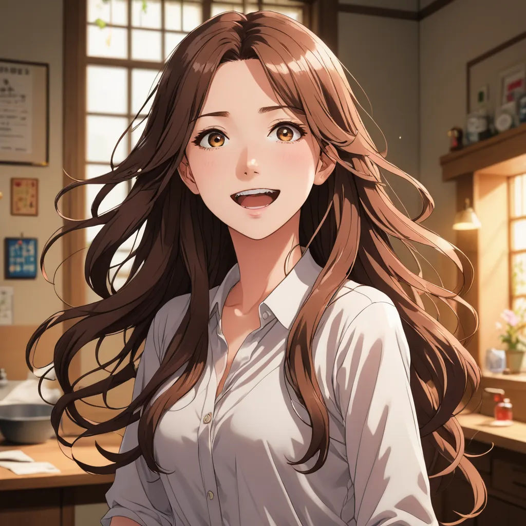 a woman with long hair standing in a kitchen next to a window with a potted plant on it, remodernism, a character portrait, Chizuko Yoshida, official art
