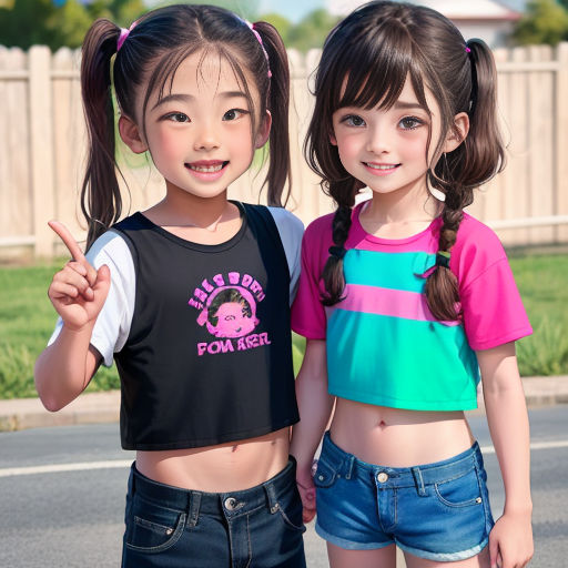 two young girls standing next to each other on a street corner with a fence in the background and a fence in the background