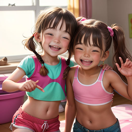 two young girls standing next to each other on a bed in a room with pink walls and a pink floor