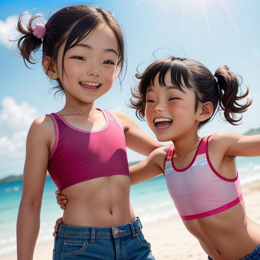 two young girls standing on a beach next to the ocean smiling at the camera with their arms around each other