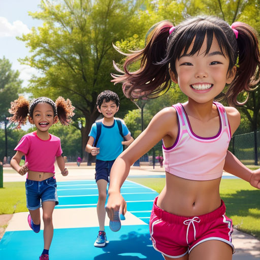 a group of children running on a blue and blue court in a park with trees in the background and a blue and white tennis court with blue lines