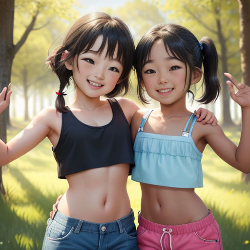 two young girls standing next to each other in a forest with trees and grass in the background, both wearing sports bras