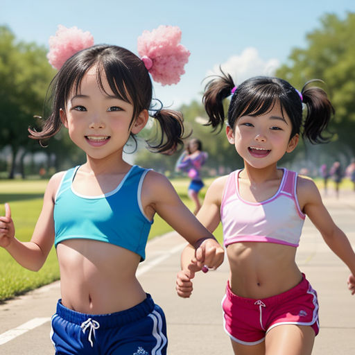 two young girls running down a sidewalk in a park together, one of them is wearing a pink and blue top