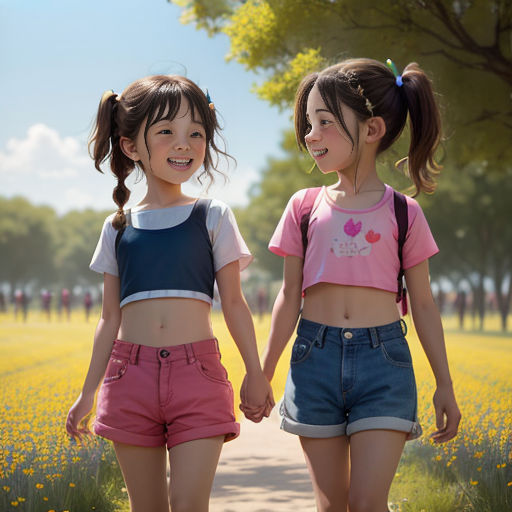 two young girls walking down a path holding hands and smiling at the camera, with a field of flowers in the background