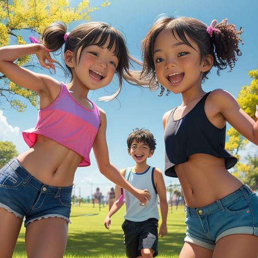 two young girls are standing in the grass with their arms around each other and smiling at the camera, while another girl is holding a frisbee