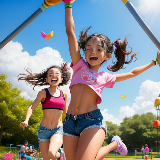 two girls are jumping in the air with a pole in the background and a ball in the air behind them