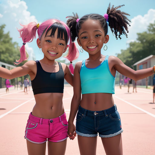two young girls standing on a tennis court holding hands and smiling at the camera, both wearing sports bras
