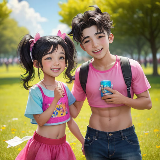 a couple of kids standing next to each other in a field of grass and flowers with a drink in their hand