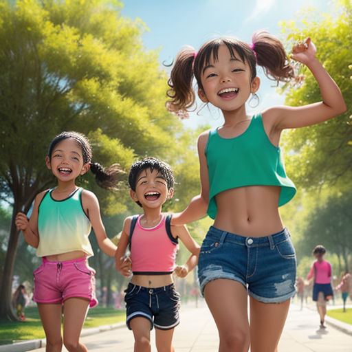 three young girls running down a sidewalk in a park, one of them is wearing a green top and the other is wearing pink