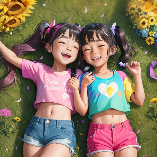 two young girls laying on the grass with sunflowers in the background and confetti falling all around them