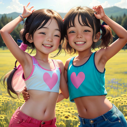 two young girls standing next to each other in a field of flowers and grass with their arms around their heads