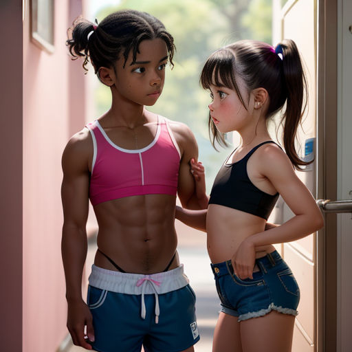 two girls standing next to each other in a hallway with a pink wall and a doorway behind them, both of them are looking at each other