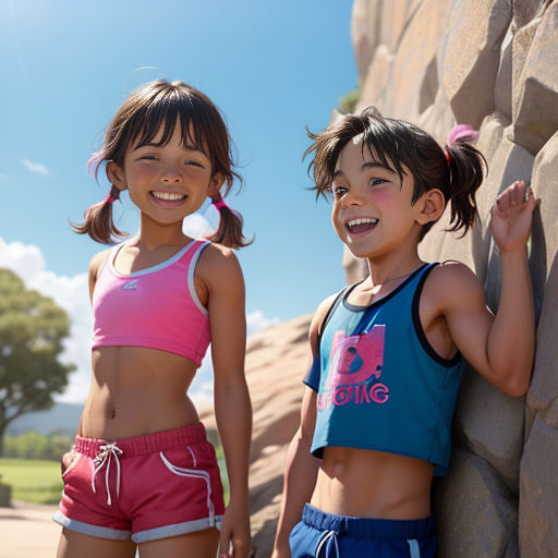 two young girls standing next to a rock wall smiling at the camera, with a blue sky in the background