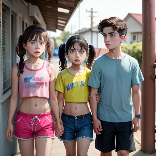 three children standing on a sidewalk in front of a building with a sign that says nin - a