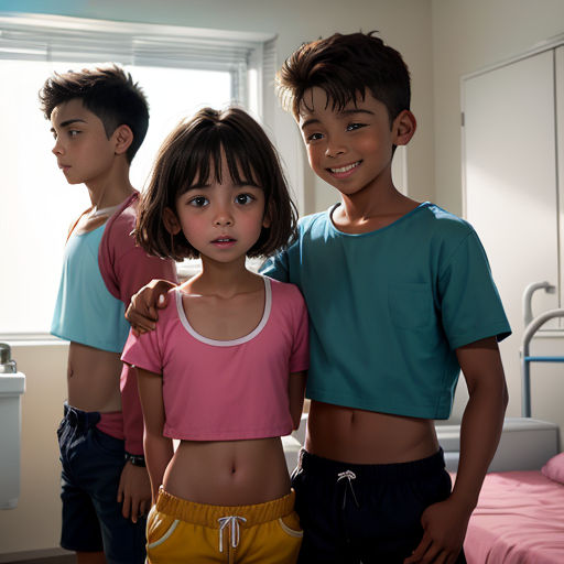 three children standing in a bedroom with a sink and a bed in the background and a window behind them