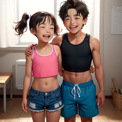 a couple of kids standing next to each other in a room with a window behind them and a table