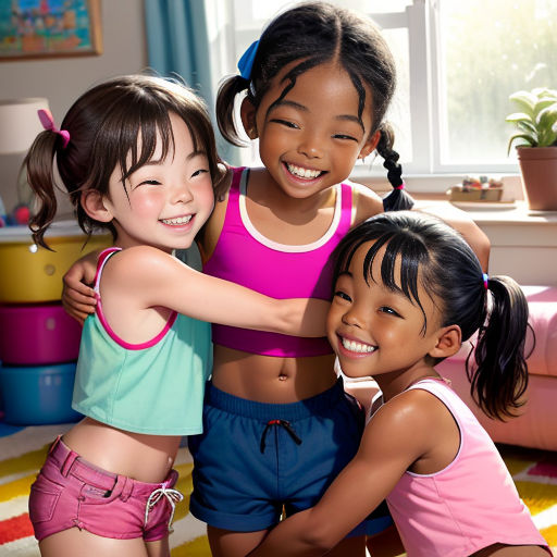 three young girls hugging each other in a room with a rug and a window in the background, and a potted plant in the corner