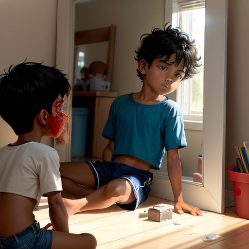 a boy and a girl playing with blocks in a room with a mirror and a toy car on the floor