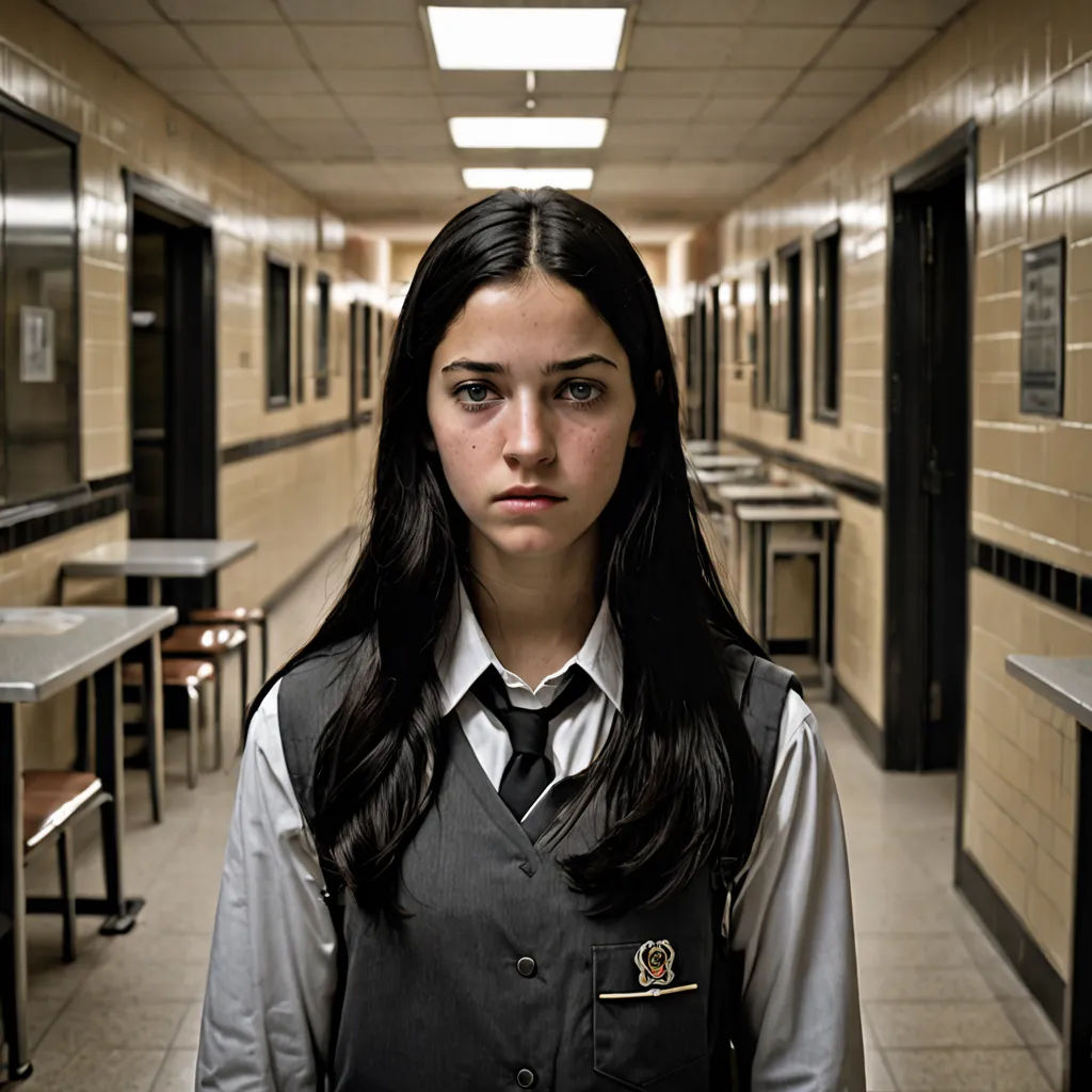 a woman in a school uniform standing in a hallway with a clock on the wall behind her and a hallway with tables and benches, quito school, a character portrait, Clarice Beckett, promotional image