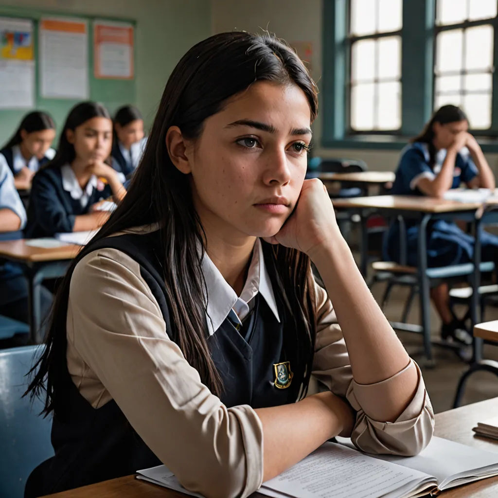 a girl sitting at a desk with her hand on her chin and looking at the camera with other students in the background, quito school, a poster, Emma Ríos, promotional image