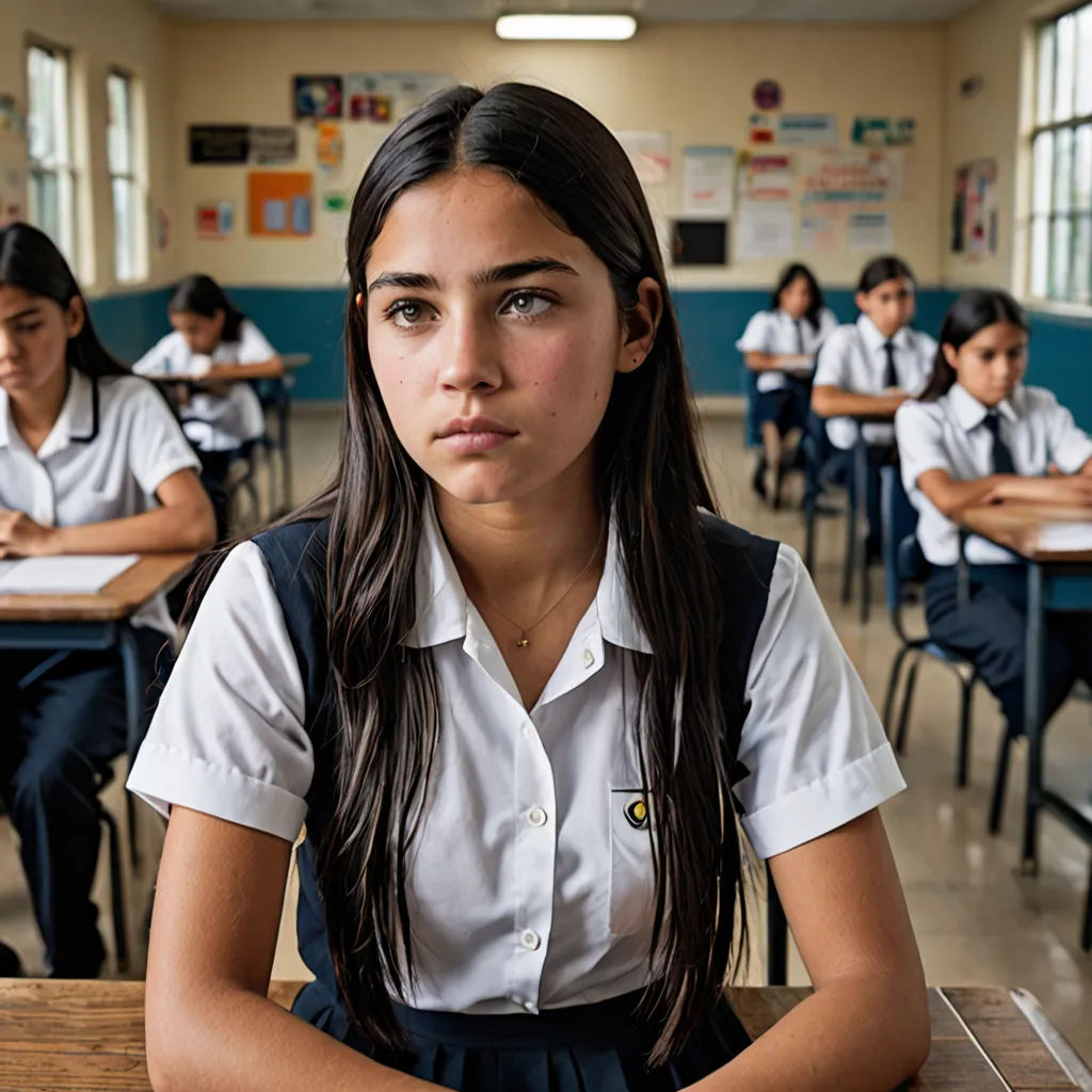 a girl sitting at a desk in a classroom with other students in the background looking at the camera and a third girl standing behind her, quito school, a poster, Emma Ríos, promotional image