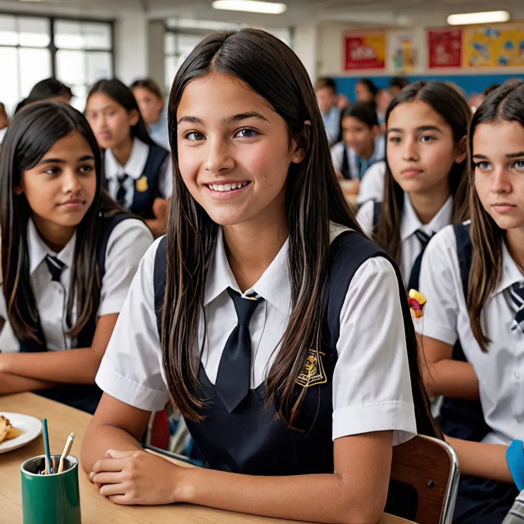 a group of girls sitting at a table in a classroom with food on the table and a plate of food on the table, quito school, a stock photo, Emma Ríos, promotional image
