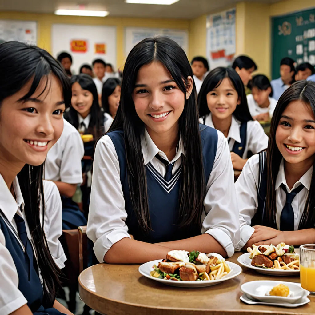a group of girls sitting at a table with plates of food in front of them and a glass of orange juice, heidelberg school, a stock photo, Choi Buk, japanese