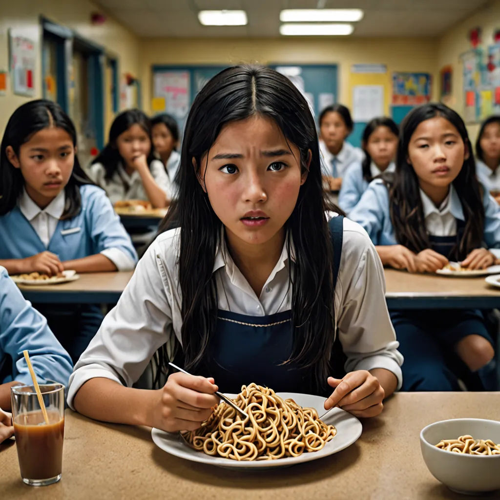 a girl is eating noodles in a classroom with other girls sitting at desks behind her and a glass of milk in front of her, institutional critique, a stock photo, Chang Dai-chien, promotional image