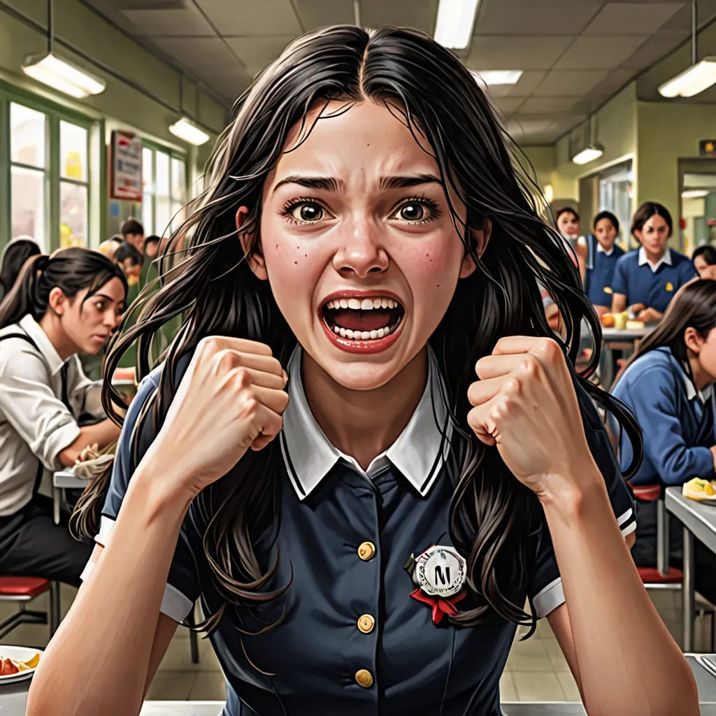 a woman in a school uniform is screaming in a classroom full of students, with one woman holding her fist up, serial art, a detailed painting, F Scott Hess, ultra realistic illustration