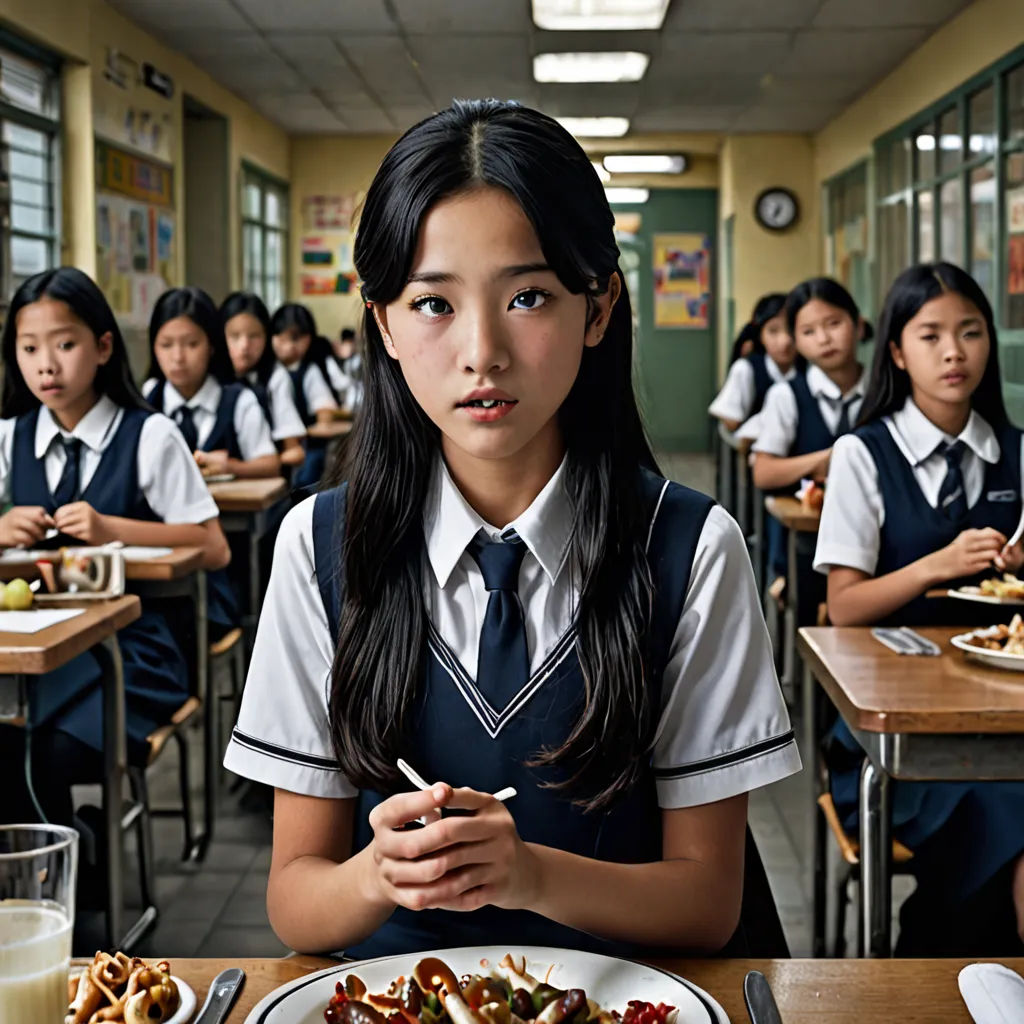 a group of girls sitting at desks eating food in a classroom with a glass of milk in front of them, quito school, a poster, Choi Buk, promotional image