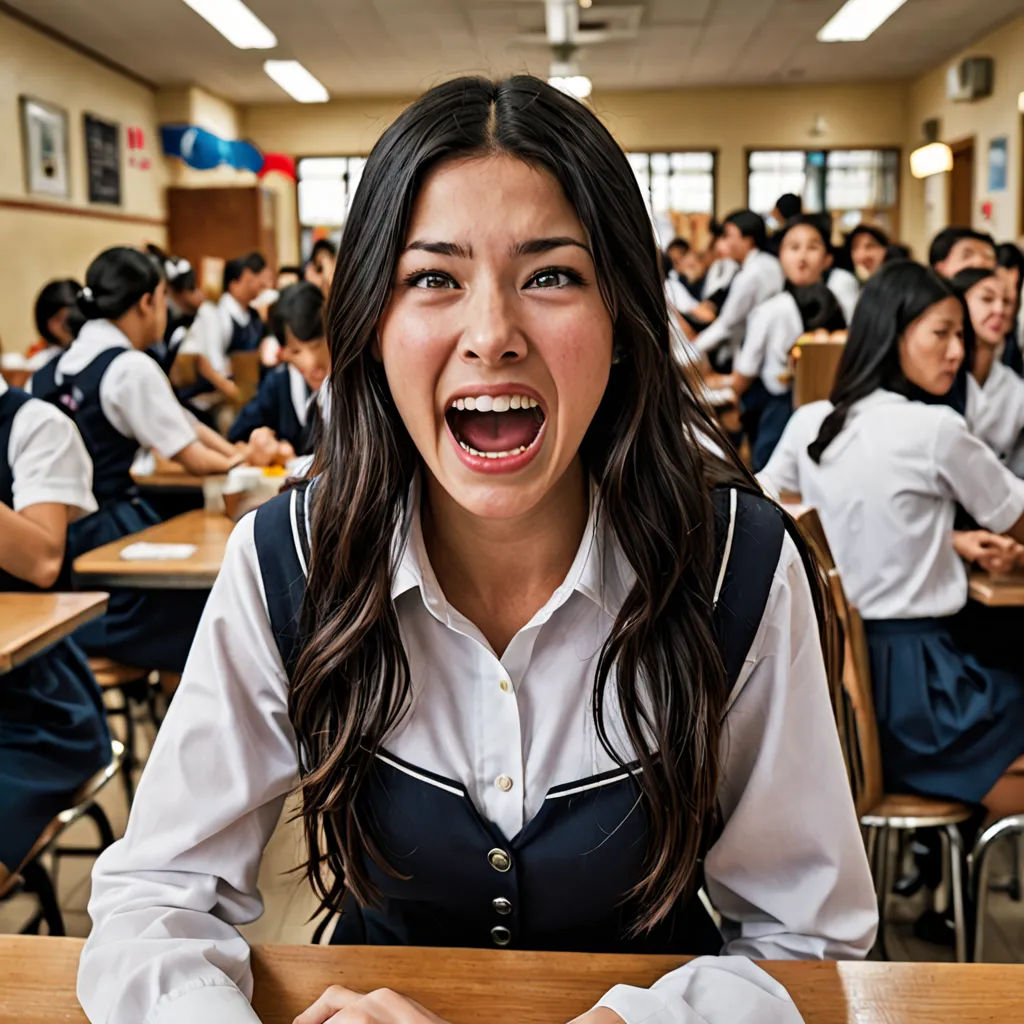 a woman sitting at a desk with a surprised look on her face in a classroom full of students in uniform, quito school, a stock photo, Araceli Gilbert, promotional image