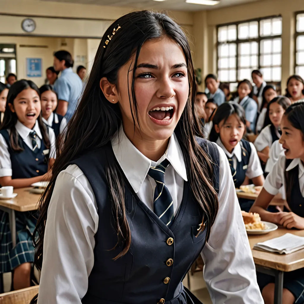 a group of girls in school uniforms sitting at desks with their mouths open and one girl standing up, quito school, a renaissance painting, Araceli Gilbert, promotional image