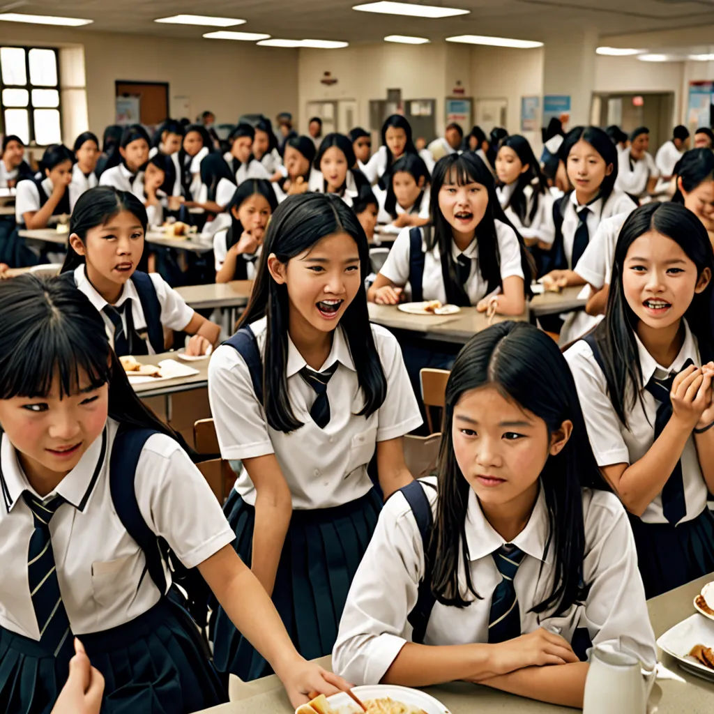 a group of girls sitting at desks in a classroom with plates of food on the table and one girl standing up, precisionism, a stock photo, Andreas Gursky, movie still