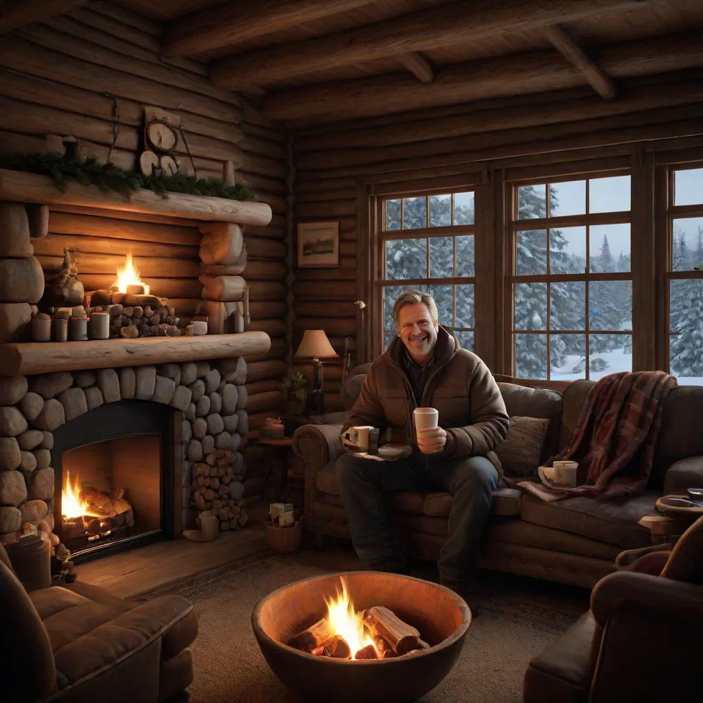 a man sitting in a living room next to a fire place with a cup of coffee in front of him, photorealism, a digital rendering, Evgeny Lushpin, cozy