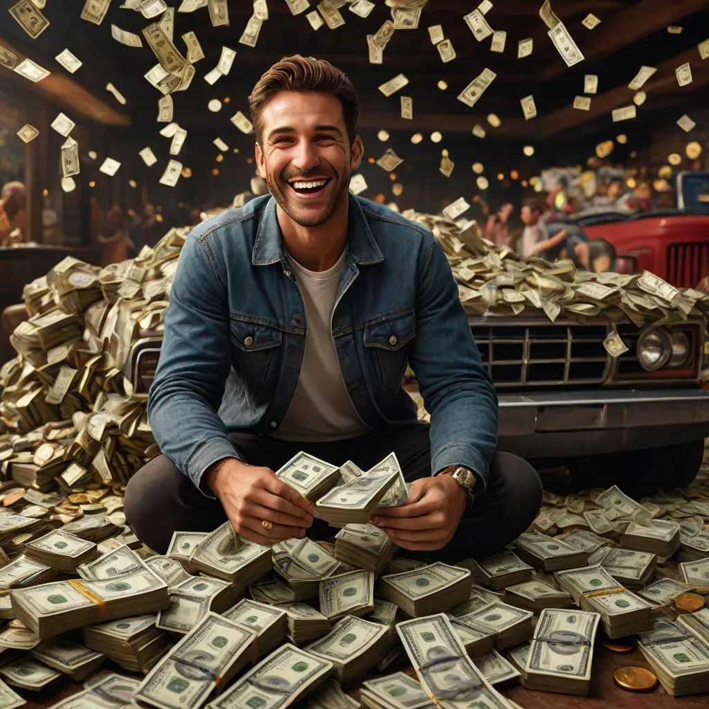 a man sitting on the ground surrounded by money and a truck with a lot of money falling from it, american scene painting, a stock photo, Chris LaBrooy, promotional image